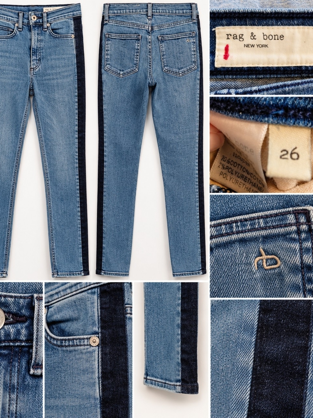 Rag & Bone Blue Denim Skinny Jeans with Black Side Stripe Size 26
